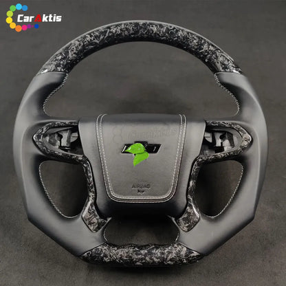 Custom 2014-2020 Chevy Silverado steering wheel featuring marbled black forged carbon fiber and premium black genuine leather grips.