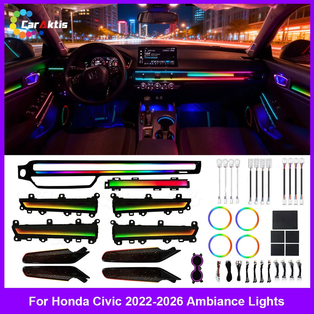 Complete set of ambient light replacement parts for 2022-2025 Civic, featuring dashboard trim, cup holder lights, and tweeter covers.
