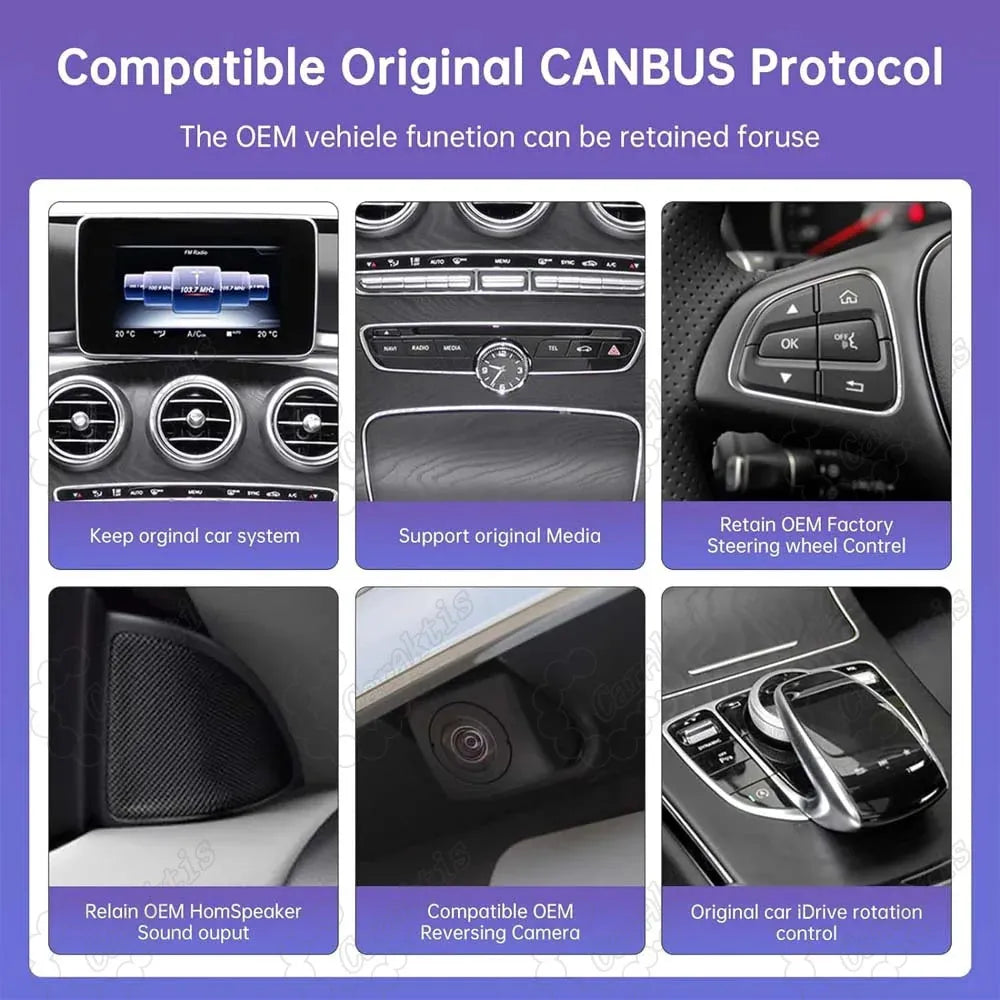 CANBUS protocol features breakdown showing steering wheel control, OEM camera, and iDrive compatibility for Mercedes W205