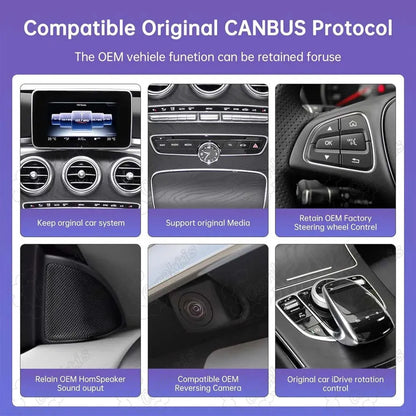 CANBUS protocol features breakdown showing steering wheel control, OEM camera, and iDrive compatibility for Mercedes W205
