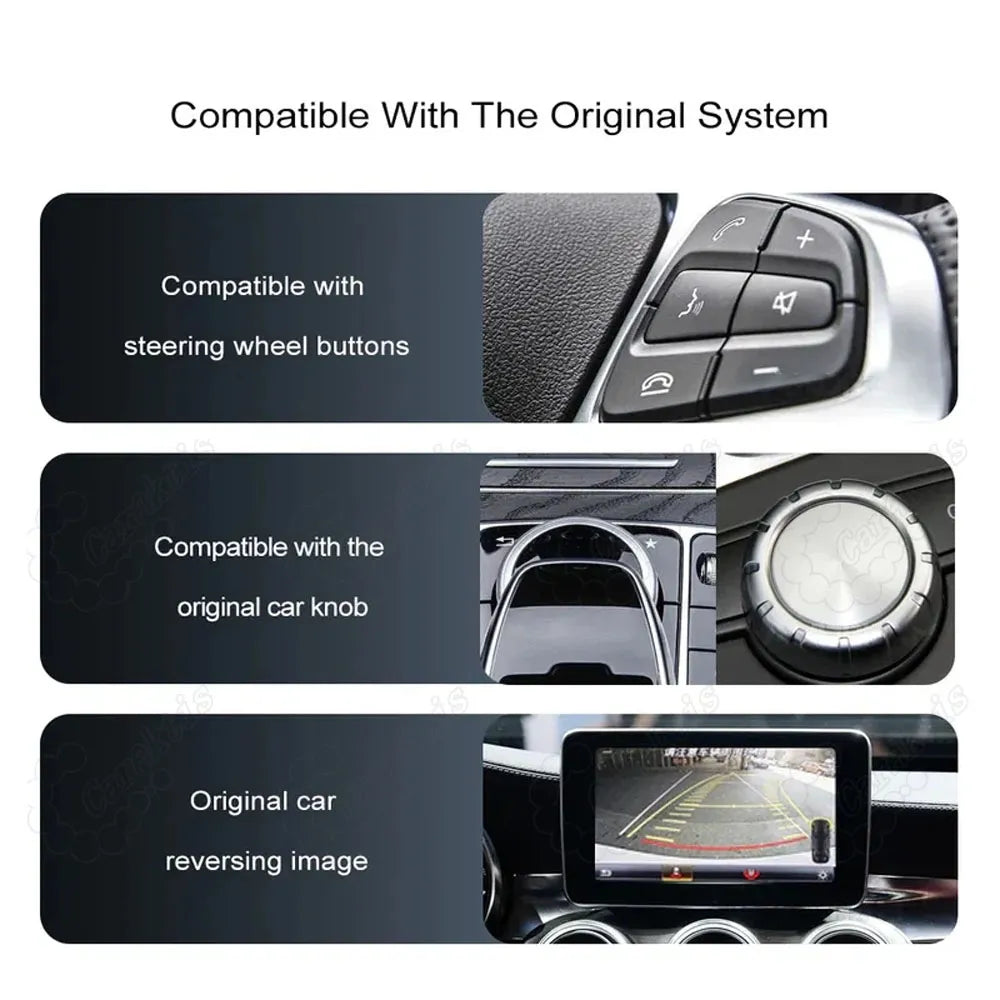 Perfect compatibility with Mercedes-Benz OEM system, supporting steering wheel buttons, original central console control knob, and factory reversing image.