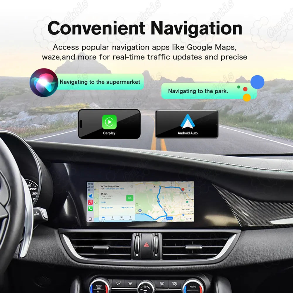 Real-time GPS navigation using Google Maps and Waze on the center console screen, with Siri and Google Assistant voice command graphics for safe driving.
