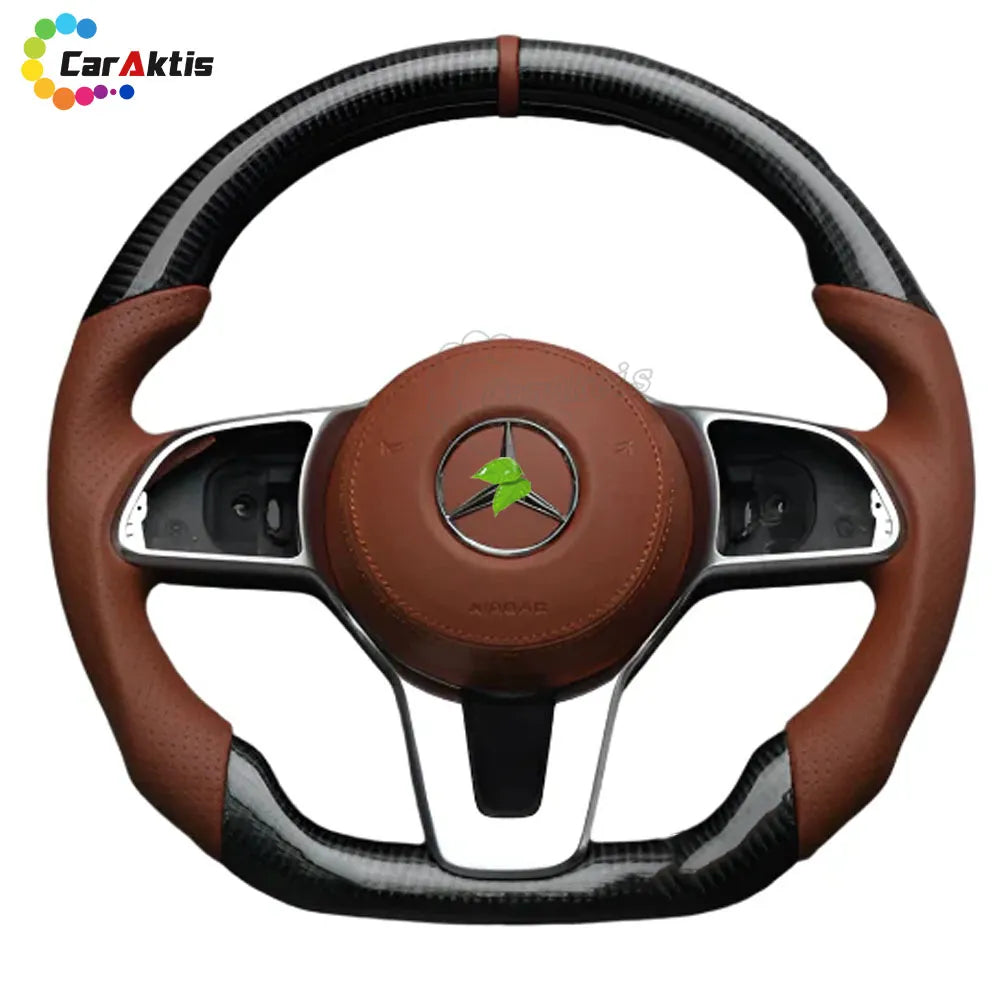 Mercedes-Benz Sprinter W907/W910 custom steering wheel featuring glossy carbon fiber and premium brown leather grips.