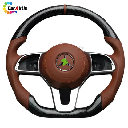 Mercedes-Benz Sprinter W907/W910 custom steering wheel featuring glossy carbon fiber and premium brown leather grips.