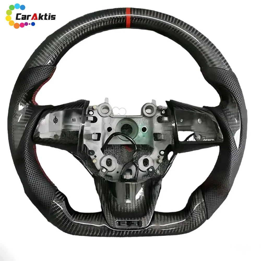 High-end custom steering wheel for Kia Stinger, handcrafted with glossy carbon fiber, breathable perforated leather, and a red center marker.