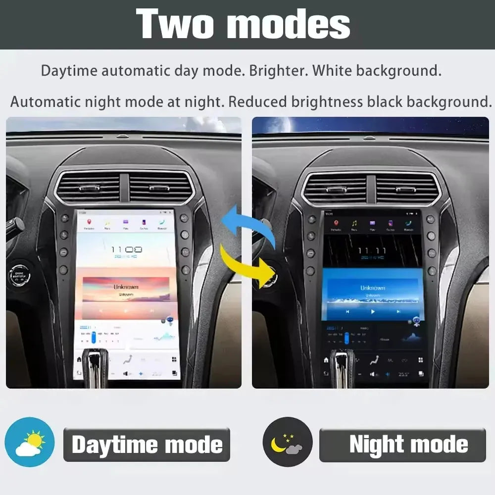 Automatic daytime light mode and night dark mode UI display on Tesla-style car screen.