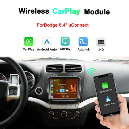 Wireless Apple CarPlay and Android Auto upgrade module for Dodge 8.4 inch uConnect screen, supporting AirPlay and Autolink mirroring.
