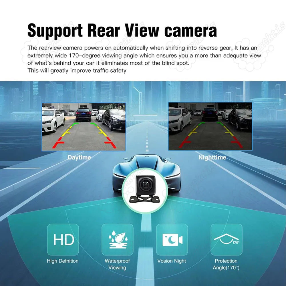 Dodge CarPlay integration module supporting HD aftermarket rear view backup camera with 170-degree wide保護 angle for daytime and nighttime driving.