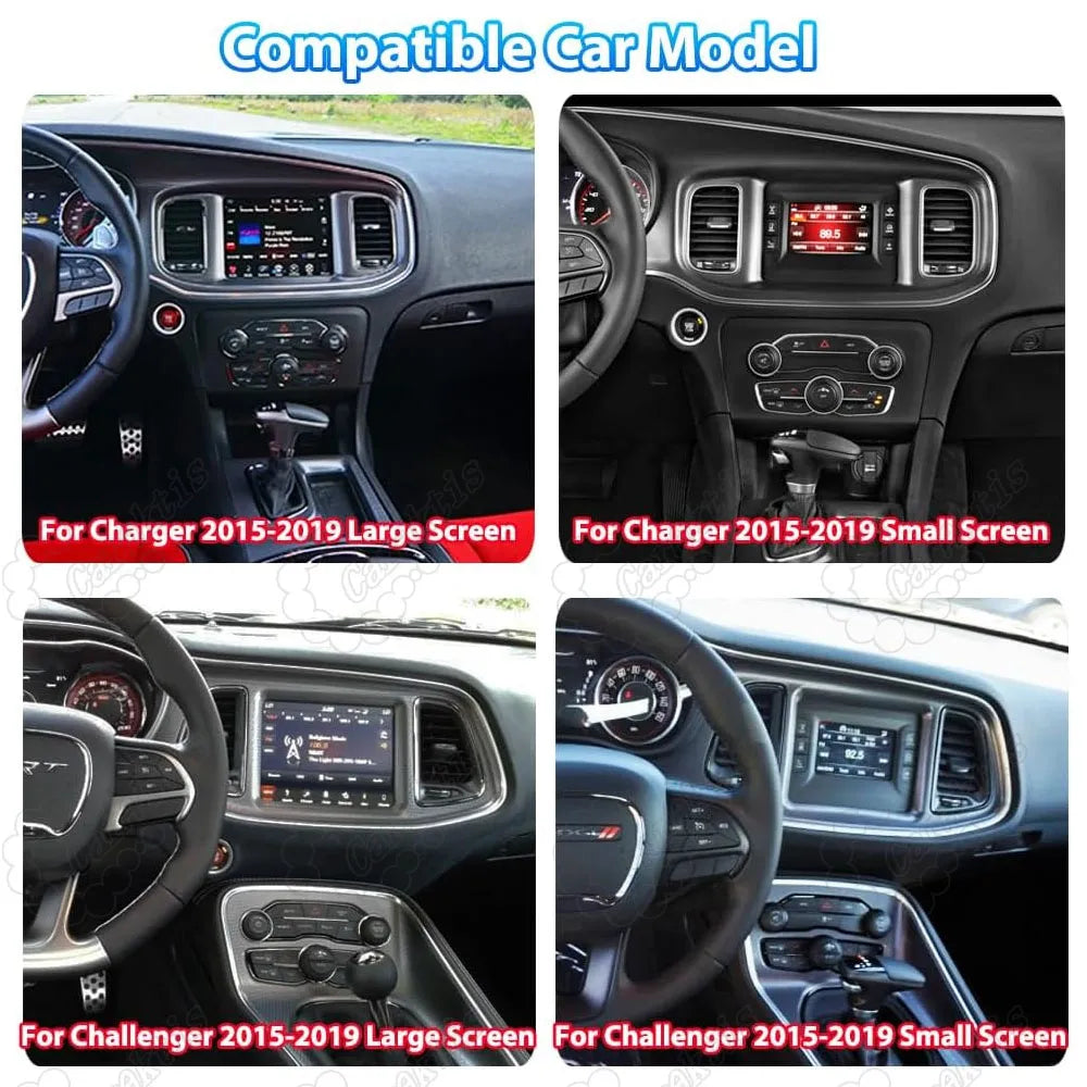 Compatible car model dashboard fitment guide for Dodge Charger and Challenger 2015-2019 large and small factory screens