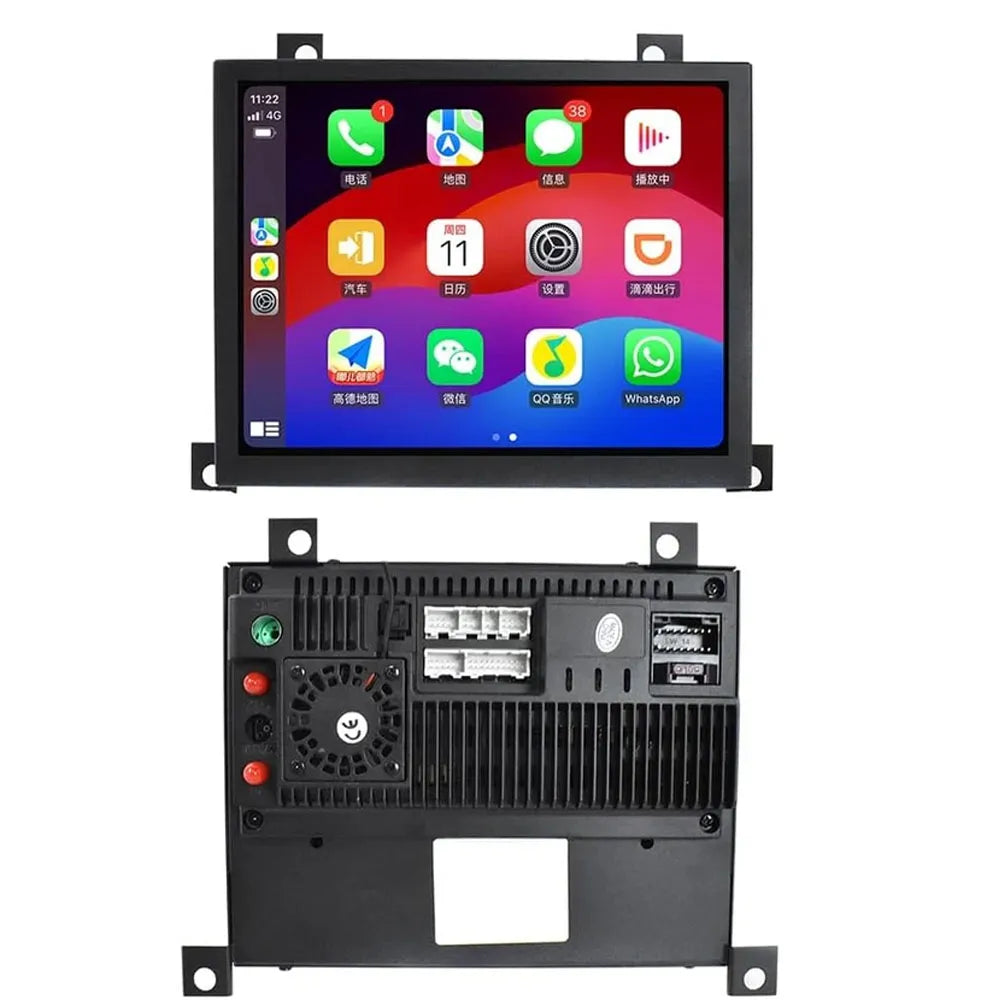 Front and rear panel design of Android touchscreen car stereo showing plug-and-play wiring ports and cooling fan