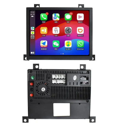 Front and rear panel design of Android touchscreen car stereo showing plug-and-play wiring ports and cooling fan
