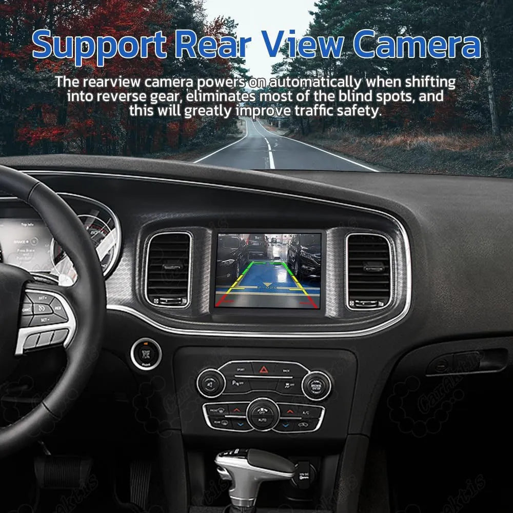 Dodge Charger Challenger Android head unit supporting HD reverse backup camera with parking assistance guidelines