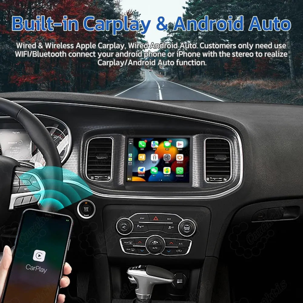 Built-in wireless Apple CarPlay and Android Auto smartphone integration on Dodge Charger Challenger touchscreen head unit