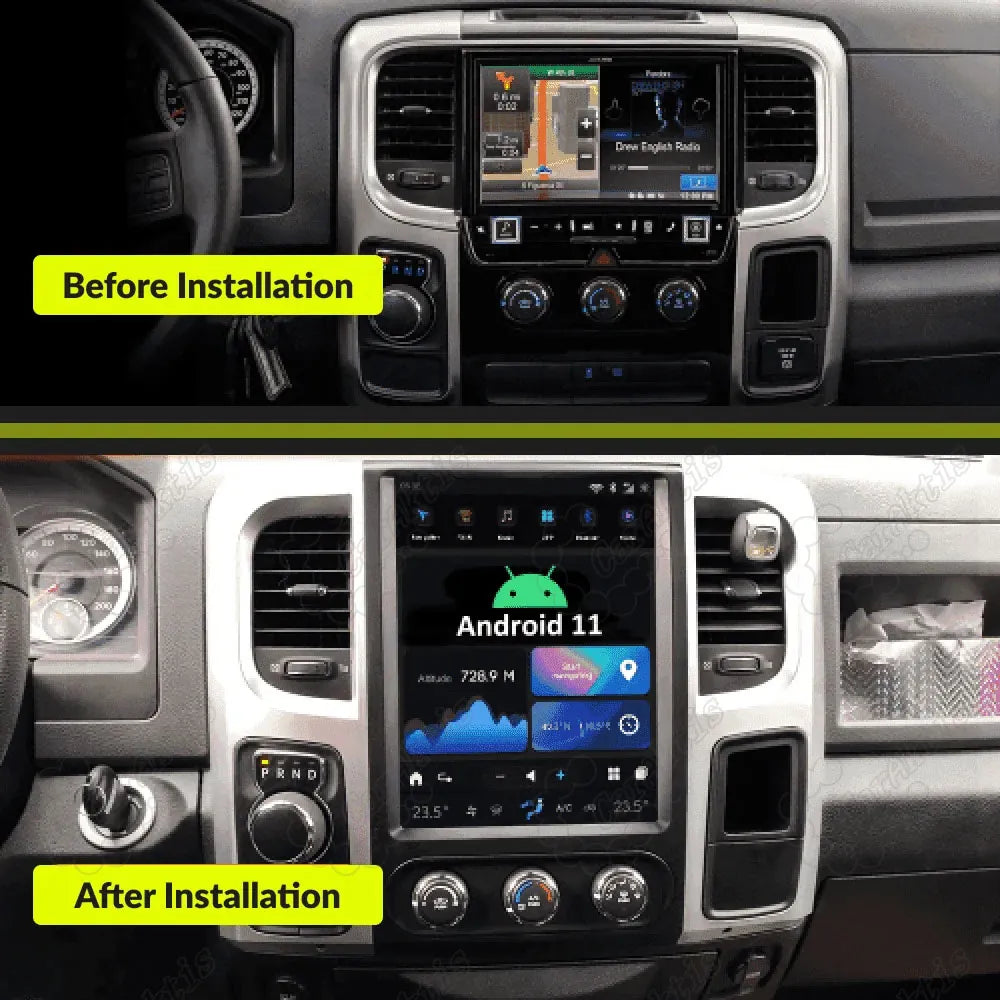 Before and after installation comparison of Tesla-style large screen upgrade on Dodge Ram 2013-2018 dashboard.
