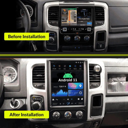 Before and after installation comparison of Tesla-style large screen upgrade on Dodge Ram 2013-2018 dashboard.