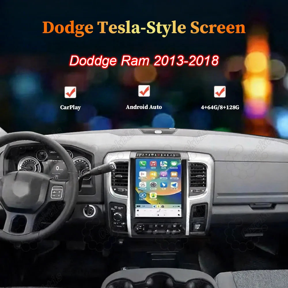 Tesla-style vertical Android screen head unit installed in Dodge Ram 2013-2018 dashboard supporting CarPlay and Android Auto.