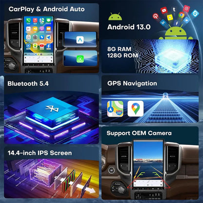 Android 13 radio features for Dodge Ram including 8G RAM 128G ROM, Bluetooth 5.4, GPS and OEM camera support
