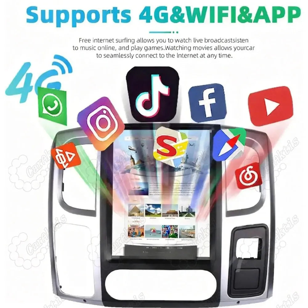 Dodge Ram vertical screen car multimedia player with 4G WiFi connectivity and social media app integration.