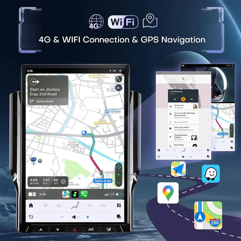 4G WiFi internet connectivity and GPS real-time navigation map display on Dodge Ram touchscreen head unit