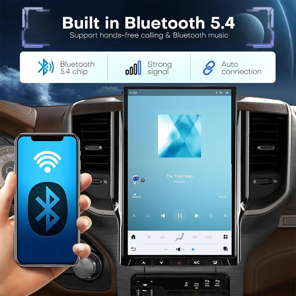 Built-in Bluetooth 5.4 for hands-free phone calls and wireless audio streaming on Dodge Ram Android stereo