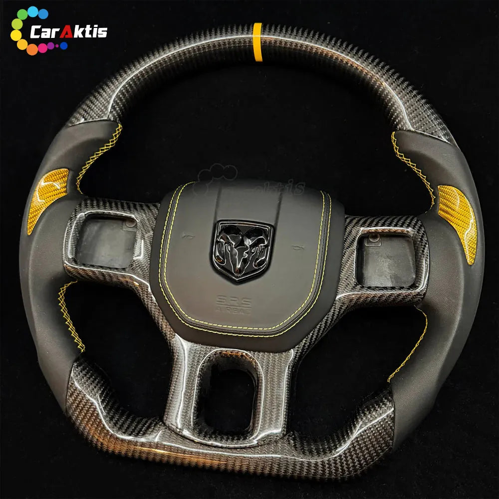 Classic twill weave carbon fiber steering wheel with yellow stitching and 12 o&