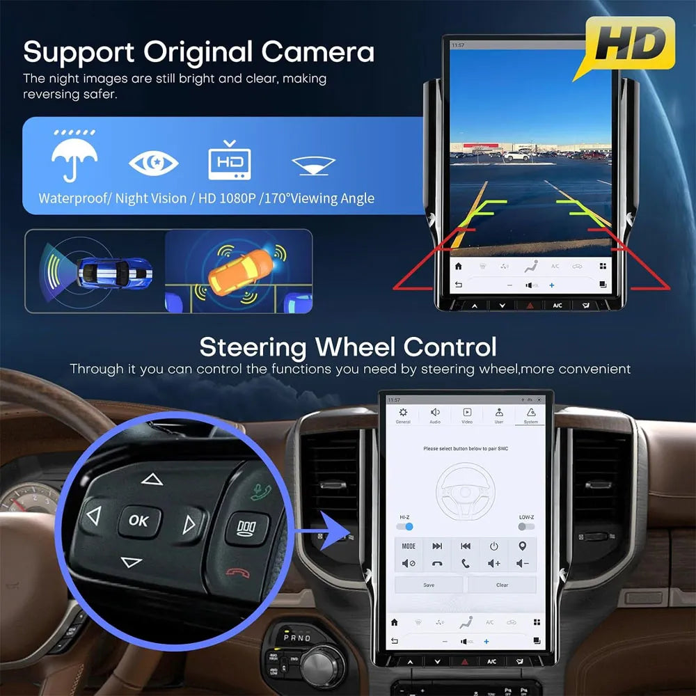 Dodge Ram vertical screen supporting HD OEM backup camera display and steering wheel control mapping