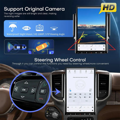 Dodge Ram vertical screen supporting HD OEM backup camera display and steering wheel control mapping