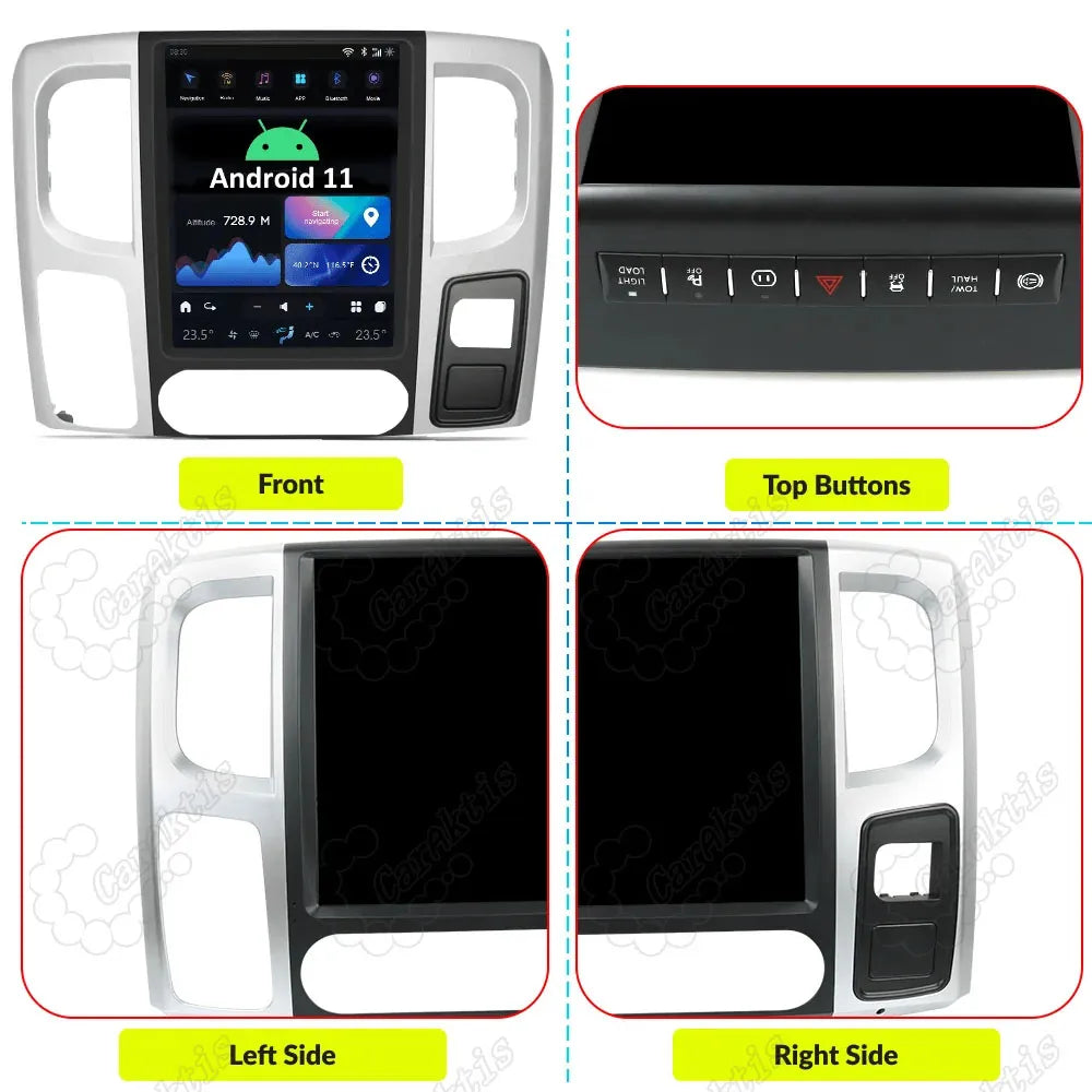 Front, top buttons, left, and right angle views of the Dodge Ram Android head unit dash bezel kit.