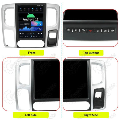 Front, top buttons, left, and right angle views of the Dodge Ram Android head unit dash bezel kit.