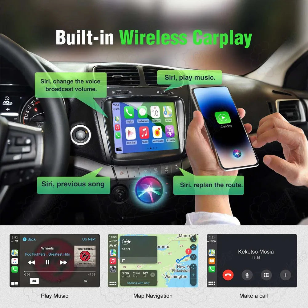 Built-in wireless Apple CarPlay interface on Dodge dashboard screen, showing Siri voice control, map navigation, music streaming, and hands-free calls.