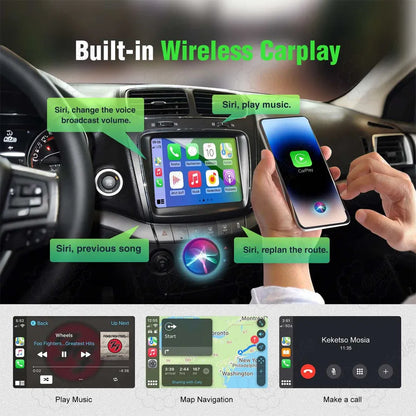 Built-in wireless Apple CarPlay interface on Dodge dashboard screen, showing Siri voice control, map navigation, music streaming, and hands-free calls.
