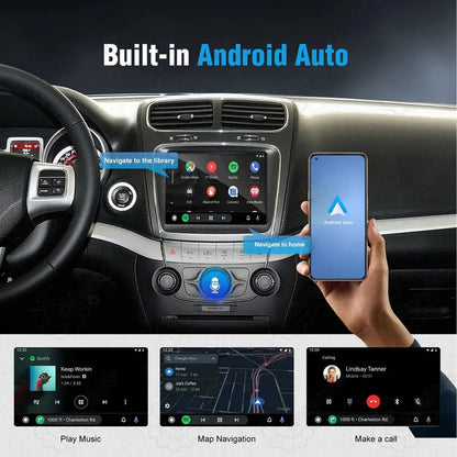 Wireless Android Auto upgrade for Dodge 8.4 screen, featuring Google Maps real-time navigation, Spotify music playback, and voice assistant.
