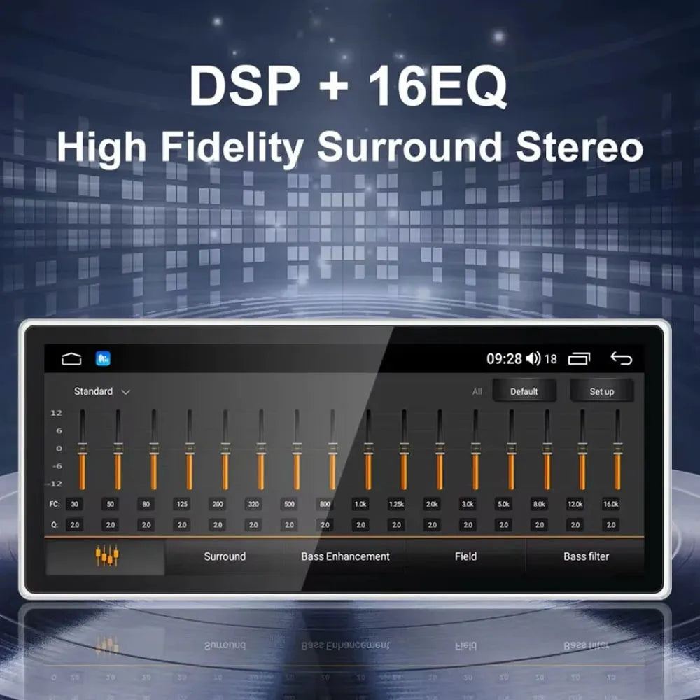 DSP 16-band EQ equalizer sound setting interface on high-fidelity surround stereo car screen.