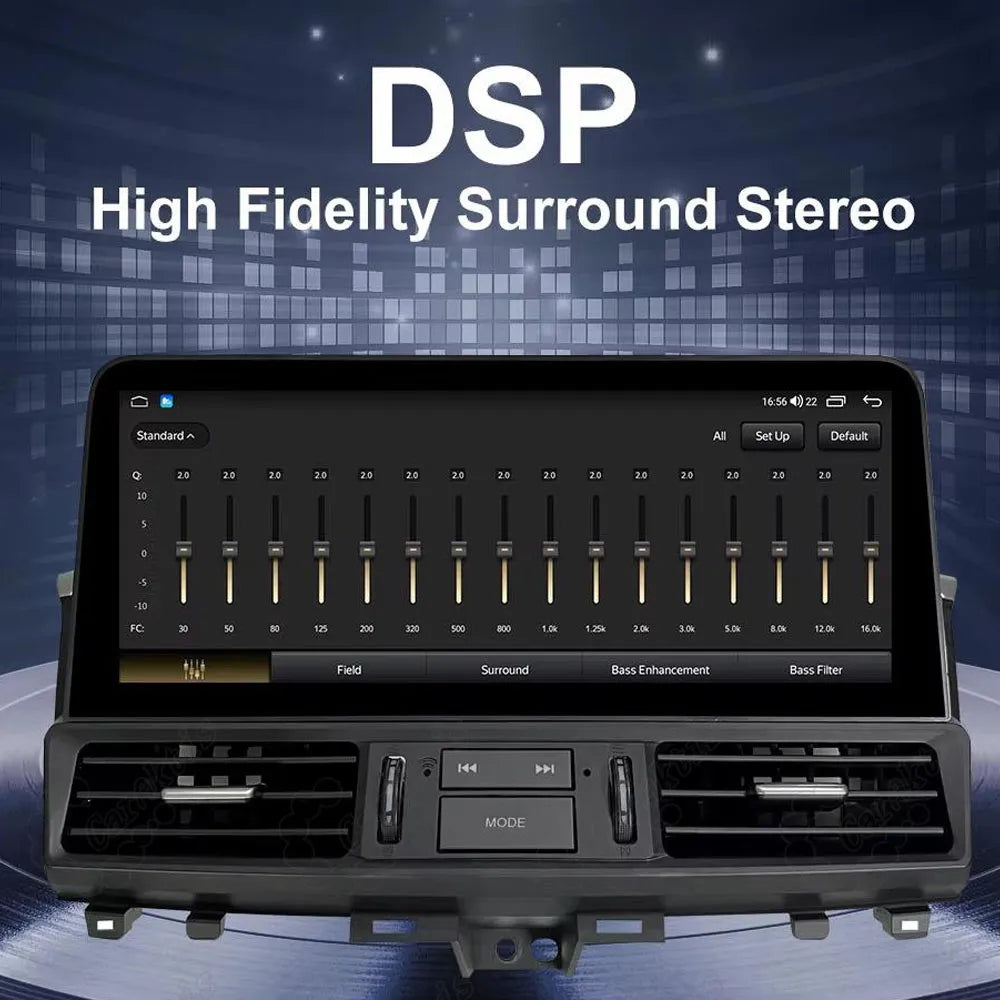 Built-in DSP high-fidelity surround stereo equalizer settings interface on the Android car stereo.