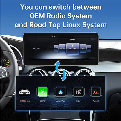 Seamless switching interface between factory OEM Mercedes radio system and aftermarket Android Linux system