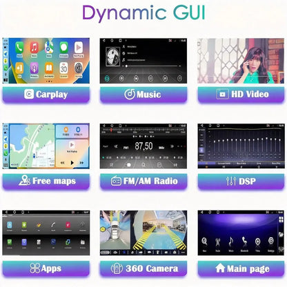 Dynamic GUI interface displaying CarPlay, FM radio, DSP equalizer, and 360 camera functions for Lexus GX470.