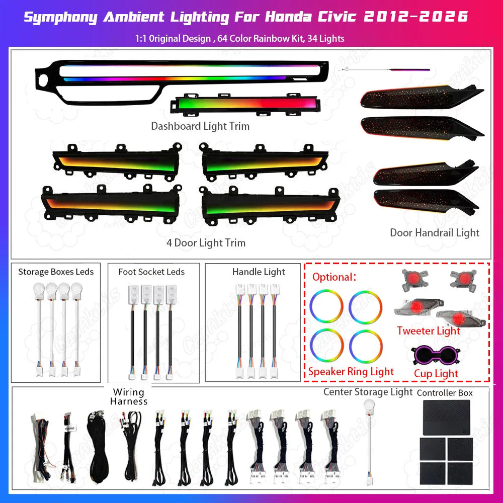 Complete Honda Civic 11th Gen dynamic-style ambient light kit from Caraktis, including LED strips, controllers, and plug-and-play harnesses.