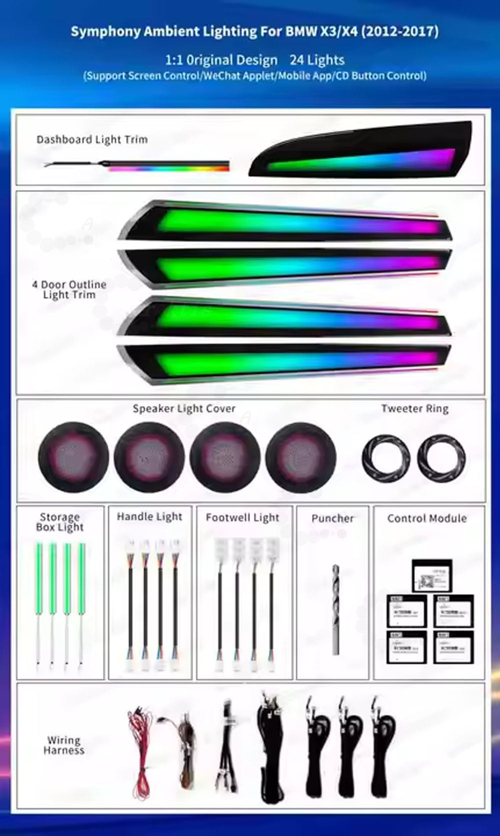 CarAktis Replace Ambient Lighting Kit For BMW X3 X4 F25 F26 2012-2017 Symphony LED Light Accessories Trim Panel