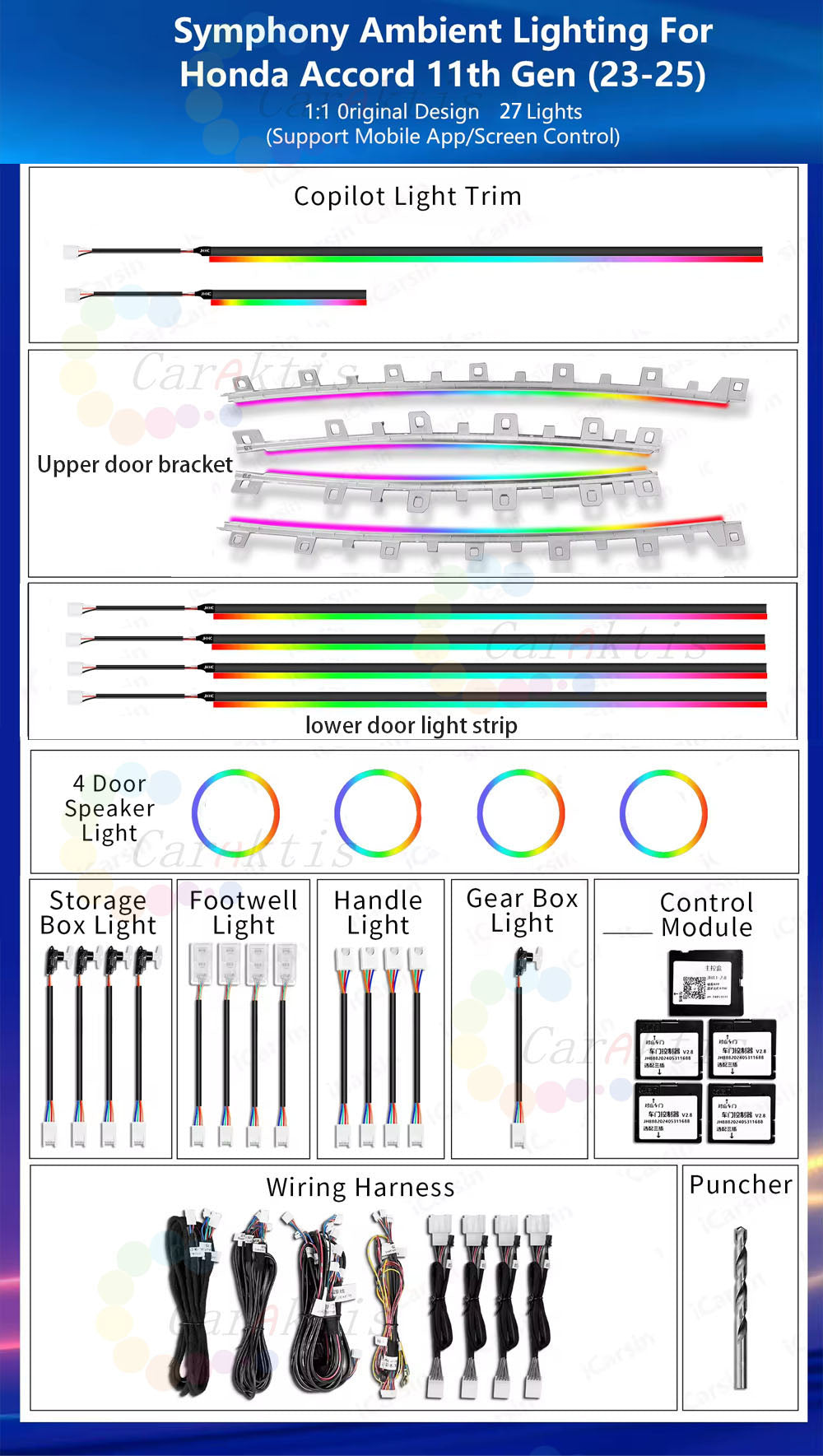 CarAkits Dynamic Ambient Light For Honda Accord/Inspire 2023-2025 11th Gen Interior LED Lighting Upgrade