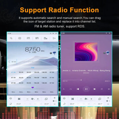 FM/AM radio tuner with RDS and media music player display on the Android screen.