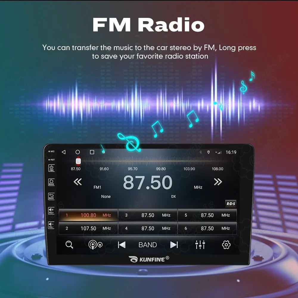 FM radio receiver interface with station presets on car touchscreen display