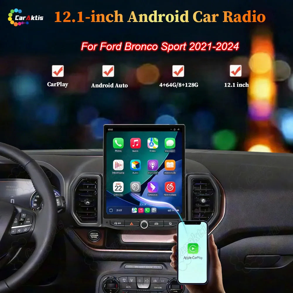 12.1 inch vertical screen Android car stereo installed in Ford Bronco Sport 2021-2024 dashboard showing Apple CarPlay interface.