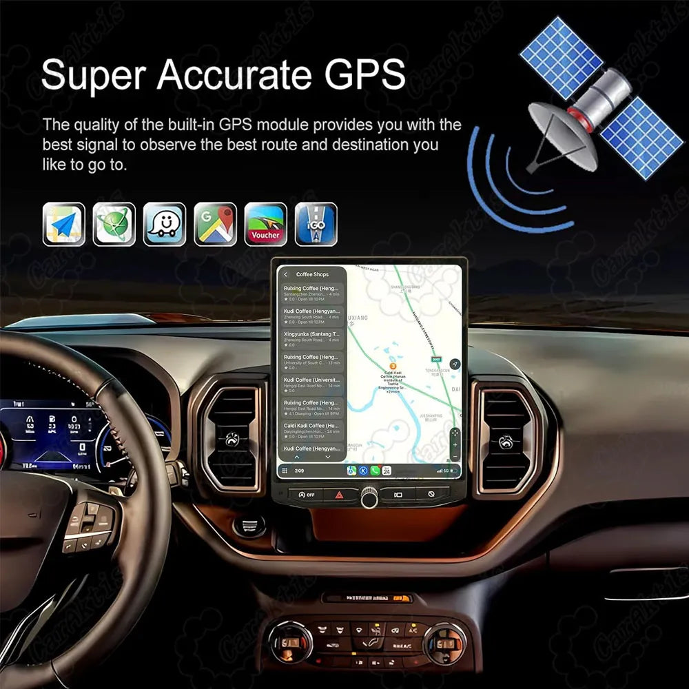Super accurate GPS navigation satellite map displayed on 12.1-inch Ford Bronco Sport touchscreen head unit.