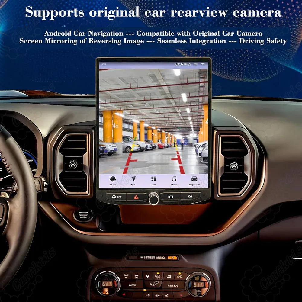 Support for original OEM car rearview backup camera parking grid lines on Ford Bronco Sport Android navigation screen.