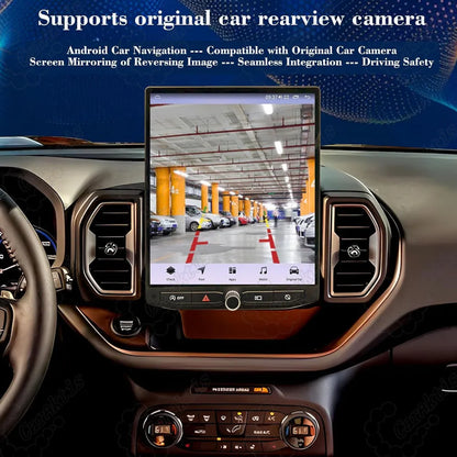 Support for original OEM car rearview backup camera parking grid lines on Ford Bronco Sport Android navigation screen.