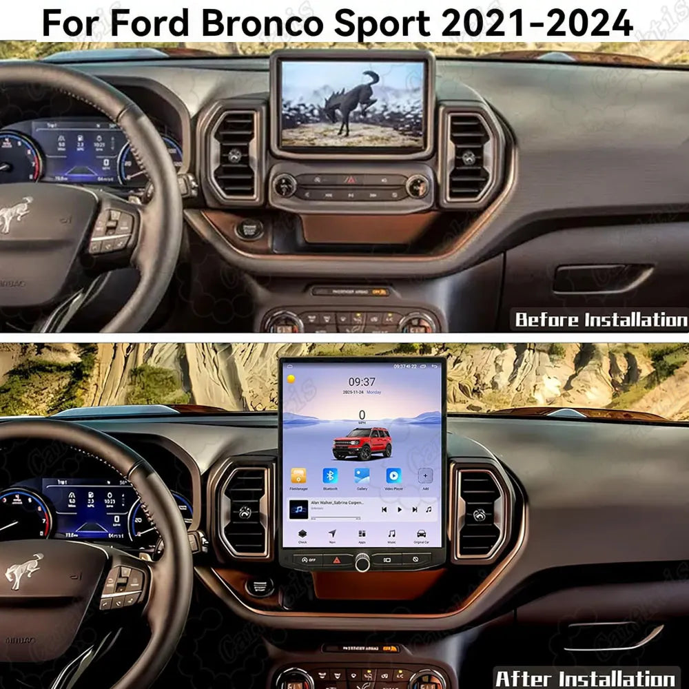 Before and after installation comparison of upgrading Ford Bronco Sport factory screen to 12.1 inch Android touchscreen.