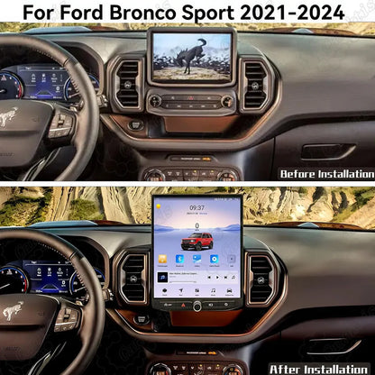 Before and after installation comparison of upgrading Ford Bronco Sport factory screen to 12.1 inch Android touchscreen.