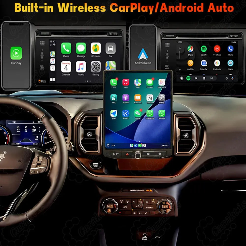 Built-in wireless Apple CarPlay and Android Auto screen interface on Ford Bronco Sport vertical dashboard display.