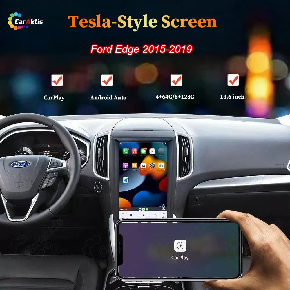 13.6 inch Tesla-style Android car stereo installed in a Ford Edge dashboard with Apple CarPlay displayed.