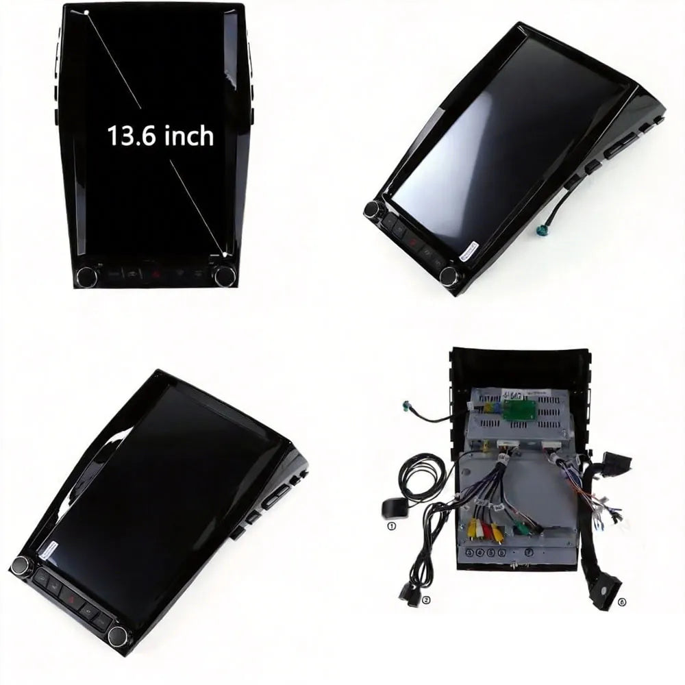 13.6-inch Android car head unit display with rear wiring harnesses and plug-and-play connectors.